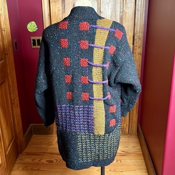 Vintage Sandra Miller Handloomed Artwear Cardigan OS in Black, Purple Red olive - Picture 11 of 16